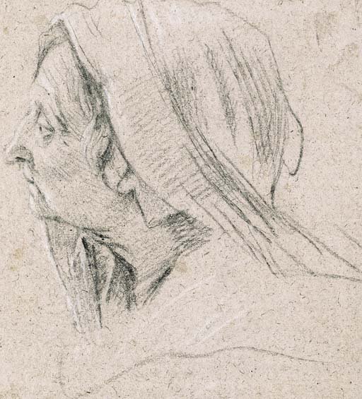 The head of an old woman, veiled, in profile to the right